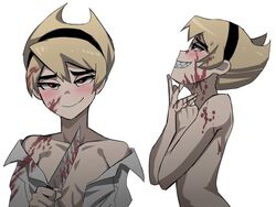  animification bare_shoulders black_eyes blonde_hair blood blood_on_face blood_on_knife blush breasts caress closed_mouth collarbone covering_breasts covering_privates female from_side grin hairband half-closed_eyes hand_on_own_chin highres jacket jourd4n knife looking_at_viewer mandy_(grim_adventures) multiple_views naked_shirt nude open_clothes open_shirt sharp_teeth shirt short_hair simple_background skinny small_breasts smile teeth the_grim_adventures_of_billy_&amp;_mandy unbuttoned unbuttoned_shirt white_background white_jacket yandere 