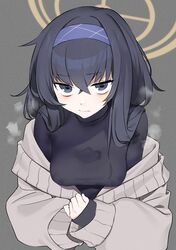  bags_under_eyes black_eyes black_hair blue_archive breasts female grey_background hair_between_eyes hairband halo highres kitou_sakeru long_hair messy_hair pointy_breasts steam steaming_body sweater sweaty_clothes turtleneck ui_(blue_archive) wet wet_clothes 