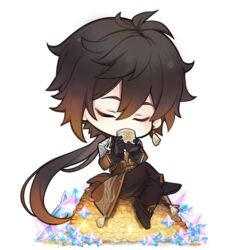  1boy black_gloves black_jacket chibi drinking earrings gem genshin_impact gloves jacket jewelry long_jacket male_focus ponytail sebychu single_earring sitting solo tassel tassel_earrings tea zhongli_(genshin_impact) 