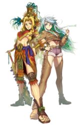  2girls abs belt belt_buckle blonde_hair blue_hair bracelet buckle chaps chin_piercing colored_inner_hair crystal_hair ena1215 fate/grand_order fate_(series) fringe_trim full_body green_eyes green_hair green_nails hand_on_own_hip highres jewelry kukulkan_(fate) kukulkan_(first_ascension)_(fate) locked_arms long_hair macuahuitl multicolored_hair multiple_girls nail_polish quetzalcoatl_(fate) sandals simple_background smile stomach thighhighs thighs toenail_polish toenails toned white_background 