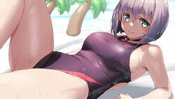  breasts commentary_request competition_swimsuit cowboy_shot ermina_(iris_mysteria!) female green_eyes grey_hair highres iris_mysteria! jonsun looking_at_viewer medium_breasts one-piece_swimsuit purple_one-piece_swimsuit short_hair solo swimsuit 