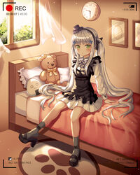  absurdres bed black_ribbon blunt_bangs blush clock commentary_request facial_mark female girls&#039;_frontline green_eyes hair_ornament hair_ribbon haneiro hat highres hk416_(black_kitty&#039;s_gift)_(girls&#039;_frontline) hk416_(girls&#039;_frontline) indoors long_hair long_sleeves looking_at_viewer official_alternate_costume on_bed photoshop_(medium) pillow recording ribbon sitting socks solo stuffed_animal stuffed_toy teddy_bear very_long_hair white_hair window 