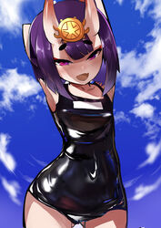  arm_behind_head armpits arms_up bad_id bad_twitter_id bare_shoulders black_one-piece_swimsuit blue_sky blush bob_cut breasts collarbone covered_navel day eyeliner fate/grand_order fate_(series) female headpiece highres horns looking_at_viewer makeup oerba_yun_fang one-piece_swimsuit oni open_mouth purple_eyes purple_hair shimejinameko shiny_clothes short_eyebrows short_hair shuten_douji_(fate) skin-covered_horns sky small_breasts smile solo swimsuit 