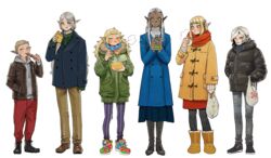  2boys 4girls :q :t ankle_boots arm_at_side bag baozi biting black_coat black_footwear black_legwear blonde_hair blue_coat blue_eyes blunt_bangs blush boots bowl braid bread breath brown_footwear brown_jacket brown_pants chopsticks cithis closed_eyes coat cold contemporary cross-laced_footwear dark_elf dark_skin drawstring dungeon_meshi ear_piercing earclip eating elf facial_mark facing_viewer fleki food forehead_mark frown full_body fur-trimmed_boots fur-trimmed_coat fur_trim green_coat green_sweater grey_hair grey_hoodie grey_pants hair_over_shoulder hair_tubes hand_in_pocket hands_in_pockets high_heel_boots high_heels highres holding holding_bag holding_bowl holding_chopsticks holding_food hood hood_down hoodie jacket knee_boots kui_ryouko leather leather_jacket lineup long_hair looking_at_another looking_at_viewer looking_away looking_down looking_to_the_side low_twintails lycion mask mask_pull messy_hair mithrun mouth_mask multicolored_clothes multicolored_footwear multicolored_scarf multiple_boys multiple_girls notched_ear official_art one_eye_closed open_clothes open_jacket orange_coat otta_(dungeon_meshi) own_hands_together pants pants_tucked_in pantyhose pattadol piercing plastic_bag pocket pointy_ears purple_legwear red_pants red_scarf scarf shoes shopping_bag short_hair sidelocks sideways_glance sleeves_past_wrists sneakers standing straight_hair striped_clothes striped_pantyhose surgical_mask sweater swept_bangs toggles tongue tongue_out twintails unzipped vertical-striped_clothes vertical-striped_pantyhose very_long_hair winter_clothes 