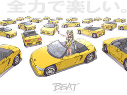  blonde_hair blue_eyes blush car convertible dress female flat_chest hair_behind_ear hi_fumiyo highres honda honda_beat honda_beat_(syanago_collection) long_hair looking_at_viewer motor_vehicle open_mouth personification ponytail robot_ears shorts smile solo syanago_collection vehicle_and_personification vehicle_focus very_long_hair waving white_shorts yellow_dress 