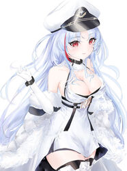  absurdres azur_lane boots breasts cleavage coat cross-laced_footwear elbow_gloves female fur-trimmed_coat fur_trim gloves hat highres large_breasts multicolored_hair open_clothes open_coat peaked_cap red_eyes red_hair simple_background solo streaked_hair sutaa tallinn_(azur_lane) thigh_boots thighhighs two-tone_hair white_background white_coat white_gloves white_hat wrist_cuffs zettai_ryouiki 