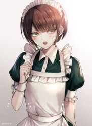  alternate_costume apron blunt_bangs blush brown_eyes brown_hair commentary_request danganronpa_(series) danganronpa_2:_goodbye_despair enmaided female freckles koizumi_mahiru looking_to_the_side maid maid_apron maid_headdress open_mouth puffy_short_sleeves puffy_sleeves short_hair short_sleeves simple_background solo teeth upper_body upper_teeth_only white_background z-epto_(chat-noir86) 