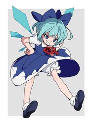  black_footwear bloomers blue_bow blue_dress blue_eyes blue_hair bow cirno detached_wings dress female full_body grey_background grin hairbow hands_on_own_hips ice ice_wings leaning_forward looking_at_viewer neck_ribbon protected_link red_ribbon ribbon satou_asuka shirt shoes short_hair short_sleeves smile socks solo touhou underwear white_shirt white_socks wings 