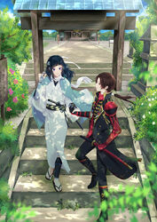  2boys absurdres armor black_gloves black_hair blue_eyes blue_sky blurry boots brown_hair coat commentary_request dappled_sunlight day depth_of_field earrings flower gloves grass haori headband high_heel_boots high_heels highres holding_hands japanese_armor japanese_clothes jewelry kashuu_kiyomitsu kashuu_kiyomitsu_(kiwame) katana kimono kote kumaru_ayaka male_focus mole mole_under_eye mole_under_mouth multiple_boys outdoors photoshop_(medium) red_eyes red_scarf sandals scarf sheath sheathed shinsengumi shrine sky smile stairs sunlight sword torii touken_ranbu tree weapon white_scarf yamato-no-kami_yasusada yamato-no-kami_yasusada_(kiwame) 