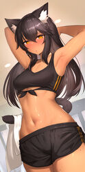  :o absurdres animal_ear_fluff animal_ears armpits arms_behind_head arms_up black_hair black_shorts black_sports_bra blush breasts commentary cowboy_shot dark-skinned_female dark_skin dolphin_shorts female hair_between_eyes highres holding holding_with_tail indoors long_hair looking_at_viewer mathew_(srmmk_mce) navel orange_eyes original parted_lips prehensile_tail puff_of_air short_shorts shorts solo sports_bra standing stomach sweat symbol-only_commentary tail towel 