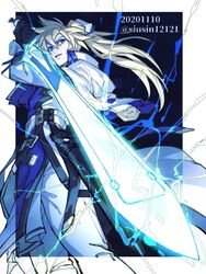  1boy belt black_gloves blonde_hair blue_eyes blue_theme dated electricity english_text gloves glowing glowing_sword glowing_weapon guilty_gear guilty_gear_xrd hair_between_eyes holding holding_sword holding_weapon ky_kiske long_hair magnolia_eclair_ii male_focus parted_lips partially_colored ponytail shin_(sinsin12121) solo sword twitter_username weapon 