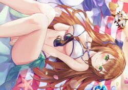  bikini blush brown_hair drink girls_frontline green_eyes hyonee long_hair navel springfield_(girls_frontline) swimsuit towel 