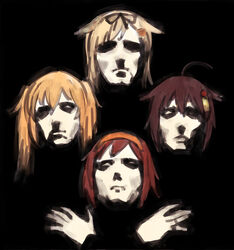  4girls album_cover_redraw black_background blonde_hair bohemian_rhapsody brown_hair commentary_request crossed_arms derivative_work hair_ornament hair_tie hairband kantai_collection multiple_girls murasame_(kancolle) orange_hair parody queen_(band) red_hair shigure_(kancolle) shiratsuyu_(kancolle) twintails umakuchi_shouyu yuudachi_(kancolle) yuudachi_kai_ni_(kancolle) 