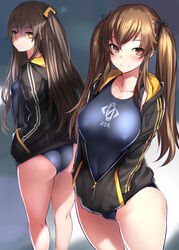  2girls 404_logo_(girls&#039;_frontline) :3 artistic_error ass black_jacket blue_one-piece_swimsuit blurry blurry_background bosshi breasts brown_eyes brown_hair closed_mouth collarbone commentary competition_swimsuit covered_nipples cowboy_shot depth_of_field girls&#039;_frontline hair_ornament hair_ribbon hairclip hands_in_pockets highres jacket large_breasts long_hair long_sleeves looking_at_viewer matching_outfits medium_breasts multiple_girls no_scar one-piece_swimsuit one_side_up orange_eyes ribbon small_breasts smile standing swimsuit swimsuit_under_clothes twintails ump45_(girls&#039;_frontline) ump9_(girls&#039;_frontline) 