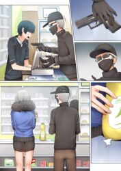  2boys ahoge bandana baseball_cap black_gloves commentary_request dishwashing_soap faceless faceless_male fate/grand_order fate_(series) female fur_collar ginhaha gloves gun handgun hat highres jacket jeanne_d&#039;arc_(alter)_(fate) jeanne_d&#039;arc_(fate)_(all) miniskirt money multiple_boys open_mouth pants pistol robbery shelf short_hair sig_sauer sig_sauer_p320 silver_hair skirt sunglasses sweat wallet waving weapon 