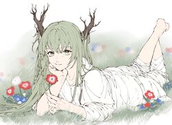  1other androgynous antlers blue_flower branch enkidu_(fate) fate/grand_order fate_(series) feet_up field flower flower_field full_body green_eyes green_hair highres horns long_hair looking_at_viewer lying nemophila_(flower) on_stomach other_focus red_flower robe simple_background smile so_hana_ranyaro solo the_pose very_long_hair white_flower 