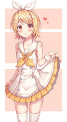  absurdres alternate_eye_color bare_shoulders blonde_hair blush clothes_lift collarbone commentary dress dress_lift female frills hair_ornament hairband hairclip haneiro heart heart_print highres kagamine_rin mikumikudance open_mouth photoshop_(medium) red_eyes ribbon short_hair sleeveless sleeveless_dress solo sour_model_(mikumikudance) thighhighs vocaloid white_dress white_hairband white_thighhighs 