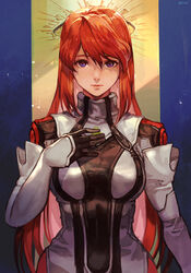  blue_eyes breasts closed_mouth cowboy_shot elhaym_van_houten expressionless female gloves hair_between_eyes hungry_clicker long_hair looking_at_viewer medium_breasts orange_hair purple_eyes red_hair solo uniform very_long_hair xenogears zohar 