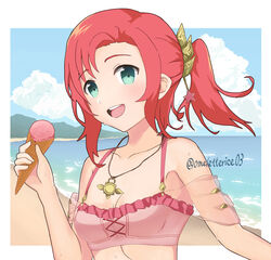  asymmetrical_bangs beach bikini breasts cleavage cloud commentary_request commission female fire_emblem fire_emblem:_mystery_of_the_emblem fire_emblem_heroes green_eyes hair_ornament happy highres ice_cream_cone jewelry komurice looking_at_viewer mountain norne_(fire_emblem) norne_(summer)_(fire_emblem) official_alternate_costume open_mouth outdoors partial_commentary pendant pink_bikini pixiv_commission ponytail red_hair short_hair small_breasts solo star_(symbol) star_hair_ornament sweat swimsuit teeth tongue twitter_username upper_body upper_teeth_only 