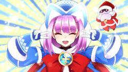  ankh badge beanie blue_background blue_coat blue_gloves blue_headwear blush bow breasts closed_eyes coat colonel_olcott_(fate) doll double_v dress emotional_engine_-_full_drive fate/grand_order fate/grand_order_arcade fate_(series) female fur-trimmed_coat fur-trimmed_dress fur_trim gloves hands_up hat helena_blavatsky_(christmas)_(fate) helena_blavatsky_(fate) highres hood hooded_coat large_bow long_sleeves open_clothes open_coat open_mouth parody purple_hair short_hair small_breasts smile sparkle striped striped_background tei_(oekakikaki) v yellow_background 