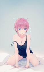  asou_(asabu202) bed_sheet blue_eyes breasts cleavage collarbone cowlick female go-toubun_no_hanayome highres large_breasts looking_at_viewer nakano_ichika on_bed pillow pink_hair short_hair solo strap_slip translated underwear very_short_hair waking_up 