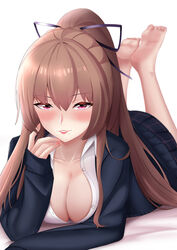  azur_lane barefoot black_ribbon blue_jacket blue_skirt braid breasts chinese_commentary cleavage commentary_request crown_braid feet female hair_ribbon highres jacket large_breasts legs lenxiao light_brown_hair long_hair looking_at_viewer lying mole mole_under_mouth official_alternate_costume on_stomach partially_unbuttoned pleated_skirt purple_eyes ribbon shirt simple_background skirt solo swiftsure_(azur_lane) swiftsure_(study_hall_cyclamen)_(azur_lane) the_pose twirling_hair very_long_hair white_background white_shirt 