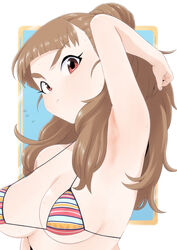  armpits bikini bikini_top_only blush brown_hair female highres hime_cut idolmaster idolmaster_cinderella_girls kamiya_nao micro_bikini mizu_kane ponytail pose red_eyes shy string_bikini striped_bikini striped_clothes swimsuit thick_eyebrows tied_hair triad_primus_(idolmaster) tsundere 