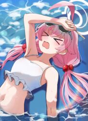  &gt;_&lt; ahoge bare_arms bare_shoulders beach bikini blue-framed_eyewear blue_archive blush closed_eyes eyewear_on_head female frilled_bikini frills hair_between_eyes hair_ornament halo highres hoshino_(blue_archive) hoshino_(swimsuit)_(blue_archive) inapple long_hair low_twintails open_mouth pink_hair pink_halo solo sweat swimsuit twintails very_long_hair water white_bikini 