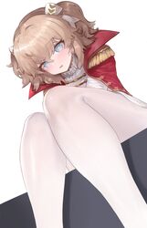  absurdres arms_between_legs bad_id bad_pixiv_id block_(object) blonde_hair blue_eyes blush bow cape collar dokomon female frilled_collar frills from_below girls&#039;_frontline gun hairbow highres korean_commentary legs looking_at_viewer messy_hair pantyhose parted_lips revolver simple_background sitting solo sweatdrop thighs two_side_up weapon webley_(girls&#039;_frontline) webley_revolver white_background white_bow white_pantyhose 