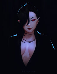  black_hair breasts contrast dark_background earrings elezen elf female final_fantasy final_fantasy_xiv hair_over_one_eye hilda_ware hyur jewelry koyorin lips long_hair looking_at_viewer medium_breasts no_bra plunging_neckline pointy_ears red_eyes red_lips smile solo upper_body 