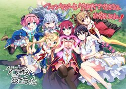  6+girls asymmetrical_legwear bare_legs black_hair blonde_hair blue_eyes brown_hair detached_sleeves dress fang_out garter_straps grisaia_(series) hand_on_own_cheek hand_on_own_face hands_on_ground heart heart_hands irisu_makina kazami_kazuki komine_sachi long_hair lying matsushima_michiru multiple_girls oerba_yun_fang off_shoulder official_art on_grass on_side on_stomach pink_hair pleated_skirt puffy_short_sleeves puffy_sleeves red_eyes red_hair sailor_collar sakaki_yumiko short_hair short_sleeves sitting skirt smile suou_amane thighhighs twintails v watanabe_akio white_dress white_hair 