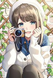  :d beret black_pantyhose blue_eyes blue_shirt blush brick_wall brown_hair buttons camera collared_shirt commentary_request copyright_request dress_shirt female hands_up hat holding holding_camera jacket knees_up long_hair long_sleeves looking_at_viewer masuishi_kinoto off_shoulder official_art open_mouth pantyhose photoshop_(medium) shirt sitting sleeves_past_wrists smile solo split_mouth white_hat white_jacket 