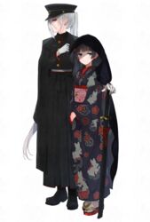  2girls absurdres alternate_costume black_cape black_footwear black_hair black_hakama black_headwear blue_eyes boots cape commentary cross-laced_footwear earrings facing_to_the_side floral_print full_body geta gloves grey_hair hakama hakama_skirt hat highres higuchi_kaede higuchi_kaede_(8th_costume) holding holding_sword holding_weapon japanese_clothes jewelry kimono lace-up_boots long_hair looking_at_viewer military military_hat military_uniform multiple_girls myama nijisanji obi peaked_cap ponytail purple_eyes sash sheath sheathed simple_background skirt smile sword tsukino_mito tsukino_mito_(12th_costume) uniform very_long_hair virtual_youtuber weapon white_background white_gloves white_legwear 