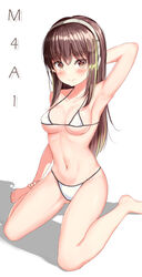  arm_behind_head armpits barefoot bikini blush collarbone commentary_request female girls&#039;_frontline hands_on_feet haneiro highres kneeling long_hair looking_at_viewer m4a1_(girls&#039;_frontline) multicolored_hair navel photoshop_(medium) simple_background solo streaked_hair swimsuit white_background white_bikini 