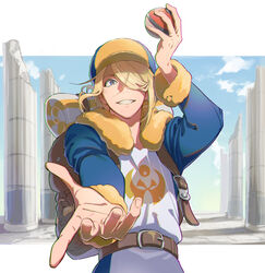  1boy arm_up backpack bag belt blonde_hair blue_jumpsuit brown_bag brown_belt cloud commentary_request day fur_trim grey_eyes grin hair_over_one_eye hat holding holding_poke_ball jumpsuit letterboxed long_sleeves looking_at_viewer male_focus orange_hat outdoors outside_border pillar poke_ball poke_ball_(legends) pokemon pokemon_legends:_arceus sky smile solo sukehige teeth volo_(pokemon) 