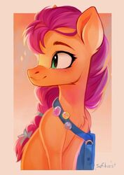  braided_hair chest_tuft earth_pony equid equine eyebrows eyelashes female feral freckles green_eyes hair hasbro horse long_hair mammal mlp_g5 my_little_pony orange_body pin_(fastener) pony purple_hair signature sitting smile sofiko-ko solo sunny_starscout_(mlp) tuft 