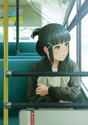  bad_id bad_pixiv_id bag black_hair black_jacket blunt_bangs blush bus_interior commentary_request eyebrows_hidden_by_hair female folded_ponytail green_eyes hair_ornament hairclip highres hugging_object jacket kurosawa_dia long_hair long_sleeves looking_afar looking_to_the_side love_live! love_live!_sunshine!! mole mole_under_mouth papi_(papiron100) parted_lips shirt sitting solo upper_body white_shirt 