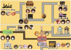  3boys 6+girls :d aged_down aqua_(konosuba) black_hair black_shirt blonde_hair blue_eyes blue_hair blue_headwear blush border brown_eyes brown_hair bus_stop character_request chart chris_(konosuba) contemporary darkness_(konosuba) dust_(konosuba) eris_(konosuba) green_eyes highres iris_(konosuba) izawa_(bhive003) komekko kono_subarashii_sekai_ni_shukufuku_wo! lean_(konosuba) lolicon long_hair map megumin multiple_boys multiple_girls multiple_views open_mouth satou_kazuma school shinjin_succubus_(konosuba) shirt shop smile sweat tears translated white_border wolbach 