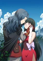  1boy black_cape black_hair blunt_bangs blush brown_bag building cape cloud commentary commission day eye_contact female gloves green_hair hands_up highres long_hair looking_at_another outdoors pantyhose parted_lips pixiv_commission pokemon pokemon_(anime) pokemon_(classic_anime) pokemon_dppt_(anime) purple_eyes red_gloves red_shirt red_skirt red_tunic sabrina_(pokemon) shirt side_slit skirt sky straight strapless strapless_shirt suitenan tobias_(pokemon) tunic white_gloves 