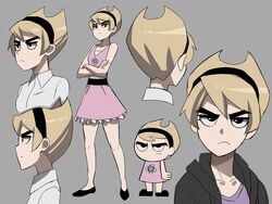  animification bare_arms black_eyes black_footwear black_hairband black_jacket blonde_hair breasts closed_mouth collarbone crossed_arms dress female full_body grey_background hairband highres jacket jourd4n looking_at_viewer mandy_(grim_adventures) multiple_views pink_dress purple_shirt shirt short_hair simple_background small_breasts the_grim_adventures_of_billy_&amp;_mandy white_shirt 