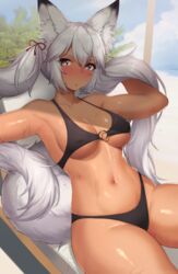  :o absurdres animal_ear_fluff animal_ears bare_shoulders beach bikini black_bikini blush bow breasts brown_eyes collarbone commentary_request cowboy_shot dark-skinned_female dark_skin day female hair_between_eyes hairbow highres large_breasts long_hair looking_at_viewer mathew_(srmmk_mce) navel o-ring o-ring_bikini original outdoors palm_tree red_bow sitting solo stomach sweat swimsuit tail tree twintails underboob very_long_hair white_hair 