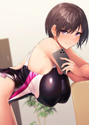  breasts brown_hair cellphone closed_mouth commentary_request competition_swimsuit condom condom_in_clothes condom_wrapper earrings female hanging_breasts holding holding_phone indoors jewelry large_breasts looking_at_viewer mole mole_on_breast object_in_clothes object_in_swimsuit one-piece_swimsuit original phone purple_eyes reflection satou_kuuki selfie short_hair smile solo swimsuit 