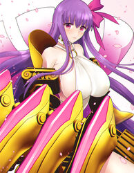  bare_shoulders belt_collar blush breasts claw_(weapon) claws closed_mouth collar crying fate/extra fate/extra_ccc fate/grand_order fate_(series) female gradient_background hair_ribbon highres huge_breasts long_hair looking_at_viewer merokonbu0 o-ring o-ring_top passionlip_(fate) passionlip_(third_ascension)_(fate) petals pink_background pink_eyes pink_ribbon purple_hair ribbon sideboob solo tears weapon 