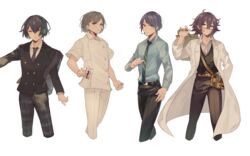  4boys alice_(sinoalice) backpack bad_id bad_pixiv_id bag blue_eyes blue_hair closed_mouth collared_shirt doctor dorothy_(sinoalice) fanny_pack fuyaketa_konbu genderswap_(ftm) glasses grey_eyes grey_hair headphones highres holding holding_bag lab_coat looking_at_viewer male_focus multiple_boys necktie ningyo_hime_(sinoalice) open_clothes open_shirt pants pen plaid plaid_pants purple_hair reality_arc_(sinoalice) red_eyes rule_63 sad school_uniform serious shirt short_hair simple_background sinoalice snow_white_(sinoalice) white_background 