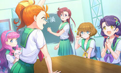  5girls :d adjusting_eyewear animal animal_on_lap aozora_middle_school_uniform aqua_hairband arm_up bad_id bad_pixiv_id belt blue_eyes blush bow brown_hair chalk chalkboard classroom closed_mouth collarbone glasses green_belt green_eyes green_sailor_collar green_skirt hair_between_eyes hair_ornament hairband hairbow hand_on_eyewear hand_on_table holding holding_animal holding_chalk ichinose_minori indoors kururun_(precure) laura_la_mer long_hair low_twintails multiple_girls natsuumi_manatsu neckerchief on_lap open_mouth orange_hair own_hands_together pink_hair pleated_skirt precure purple_eyes purple_hair purple_neckerchief red_bow red_hair red_neckerchief sailor_collar school_uniform seal_(animal) serafuku shirt shirt_tucked_in short_hair side_ponytail sitting skirt smile standing suzumura_sango table takizawa_asuka triangle_hair_ornament tropical-rouge!_precure twintails white_shirt yellow_bow yellow_neckerchief yuzu_sato 