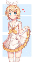  absurdres bare_shoulders blonde_hair blue_eyes blush clothes_lift collarbone commentary dress dress_lift female frills hair_ornament hairband hairclip haneiro heart heart_print highres kagamine_rin looking_at_viewer mikumikudance open_mouth photoshop_(medium) ribbon short_hair sleeveless sleeveless_dress solo sour_model_(mikumikudance) thighhighs vocaloid white_dress white_hairband white_thighhighs 