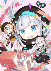  4girls :d :o ;d and_uge animal_ear_headphones animal_ears artist_name asymmetrical_legwear beret black_gloves black_headwear black_legwear black_sailor_collar blonde_hair blue_eyes blush bow brown_eyes brown_skirt camomi_camomi capriccio chibi commentary_request elbow_gloves electric_guitar fake_animal_ears fingerless_gloves frilled_skirt frills gloves green_footwear green_shirt green_skirt grey_hair guitar hair_between_eyes hat hat_bow headphones holding holding_instrument instrument kanade_kanon kisaki_anko kneehighs mini_person minigirl multicolored_hair multiple_girls nanashi_inc. one_eye_closed open_mouth parted_lips partial_commentary photoshop_(medium) pink_background pink_hair plaid plaid_background pleated_skirt round_teeth sailor_collar school_uniform serafuku shirt shoes short_eyebrows short_sleeves single_kneehigh single_sock single_thighhigh skirt sleeveless sleeveless_shirt smile socks teeth thick_eyebrows thighhighs twintails two-tone_hair underbust uneven_legwear upper_teeth_only v_ap_art virtual_youtuber white_bow white_hair white_shirt 