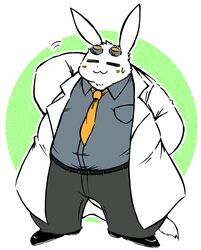  2022 anthro belly big_belly blush bottomwear closed_eyes clothing giant_ojou-sama kemono lagomorph leporid male mammal okudami overweight overweight_male pants rabbit sebastian_(giant_ojou-sama) servant_(giant_ojou-sama) shirt solo topwear white_body 