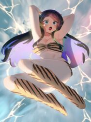  :o armpits bikini black_hair blue_eyes blush boots breasts cleavage colored_inner_hair electricity electrokinesis female hands_up highres horns jumping large_breasts lightning lightning_background long_hair looking_at_viewer lum multicolored_hair oerba_yun_fang open_mouth purple_hair ryusei_hashida solo striped_bikini striped_clothes swimsuit urusei_yatsura wide-eyed yellow_bikini yellow_footwear 