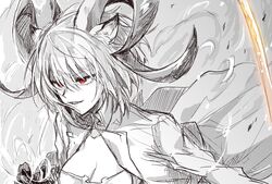  an_fyhx animal_ears arknights bad_id bad_pixiv_id carnelian_(arknights) cleavage_cutout clothing_cutout female goat_girl goat_horns greyscale grin highres horns jacket monochrome red_eyes smile solo spot_color 